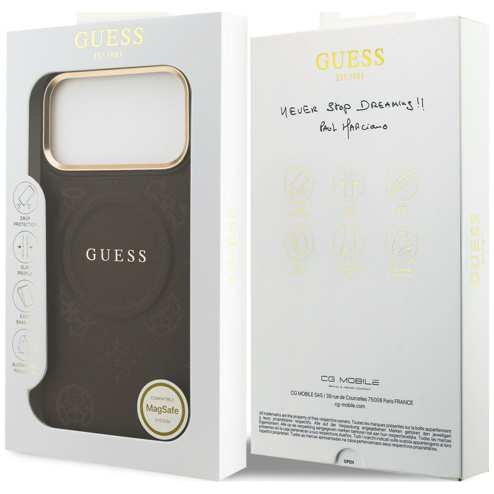 Coque MagSafe pour Apple iPhone 18 Pro Max / 17 Pro Max, Guess, Saffiano Peony Ring, marron