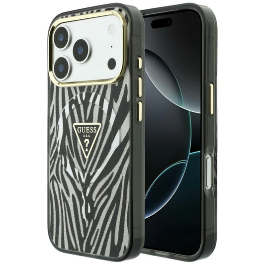 Coque MagSafe pour Apple iPhone 18 Pro Max / 17 Pro Max, Guess, Logo Triangle Paillettes Zèbre, Argentée