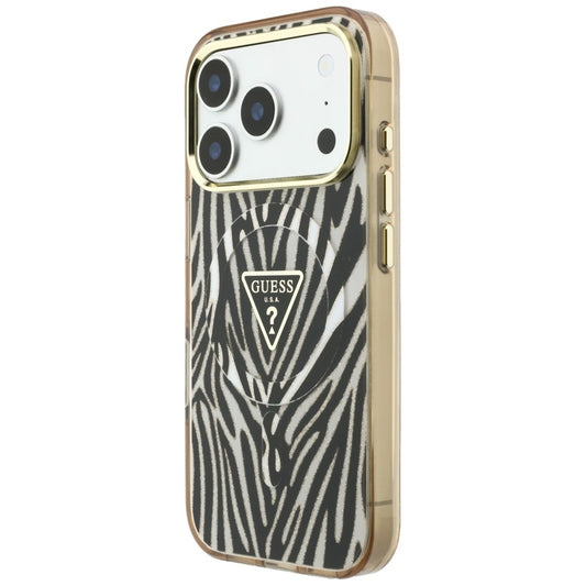Coque MagSafe pour Apple iPhone 18 Pro Max / 17 Pro Max, Guess, Logo Triangle Paillettes Zèbre, Dorée