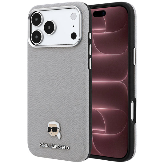 MagSafe Case for Apple iPhone 18 Pro Max / 17 Pro Max, Karl Lagerfeld, Grained Karl Head's Metal, Gray