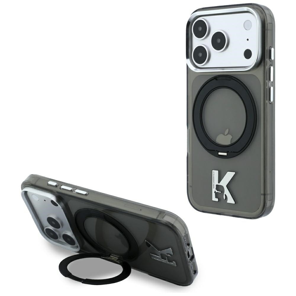 MagSafe-Hülle für Apple iPhone 18 Pro Max / 17 Pro Max, Karl Lagerfeld, IML Ring Stand Kameo Metall, Schwarz