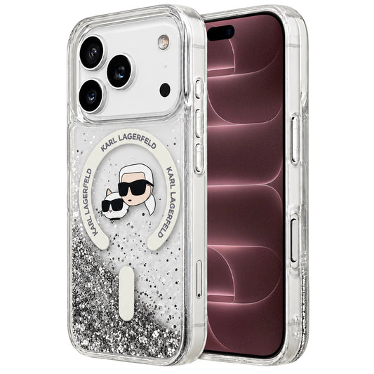 Coque MagSafe pour Apple iPhone 18 Pro Max / 17 Pro Max, Karl Lagerfeld, Liquid Glitter Karl & Choupette Head's, Transparente