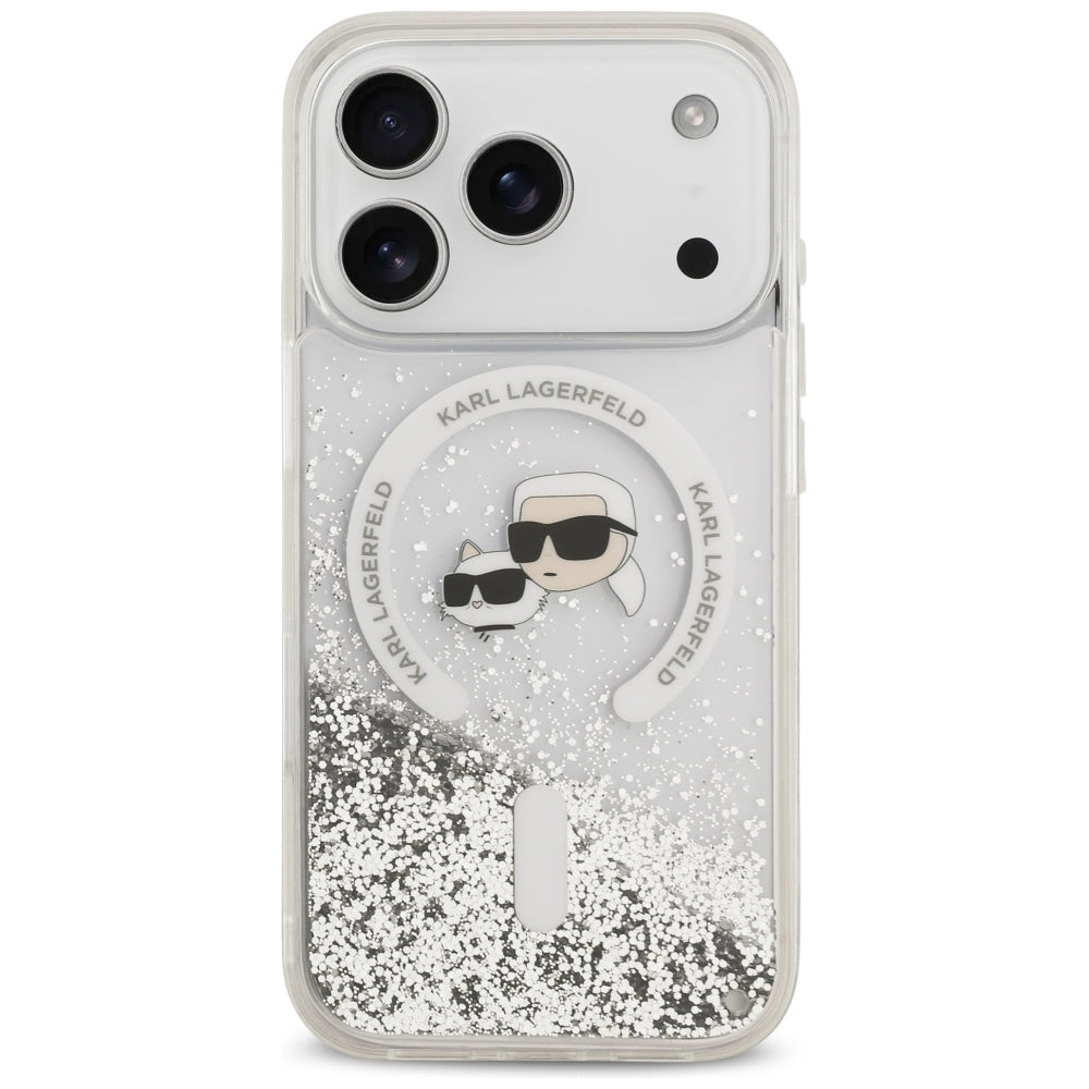Coque MagSafe pour Apple iPhone 18 Pro Max / 17 Pro Max, Karl Lagerfeld, Liquid Glitter Karl & Choupette Head's, Transparente