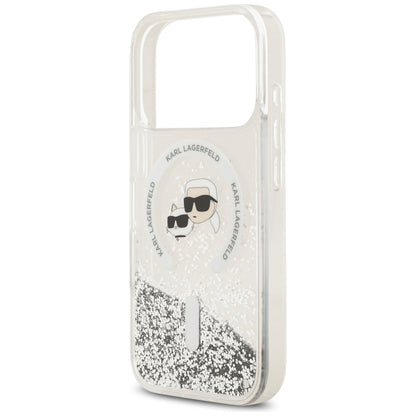 Coque MagSafe pour Apple iPhone 18 Pro Max / 17 Pro Max, Karl Lagerfeld, Liquid Glitter Karl & Choupette Head's, Transparente