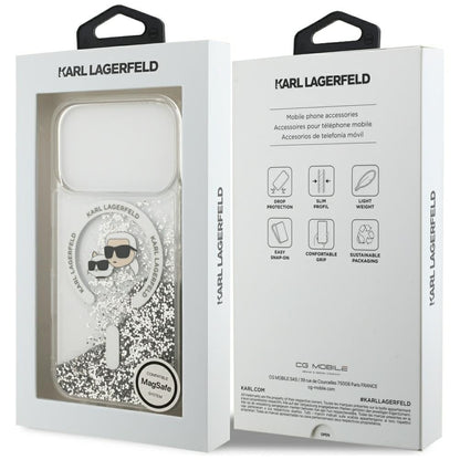 Coque MagSafe pour Apple iPhone 18 Pro Max / 17 Pro Max, Karl Lagerfeld, Liquid Glitter Karl & Choupette Head's, Transparente