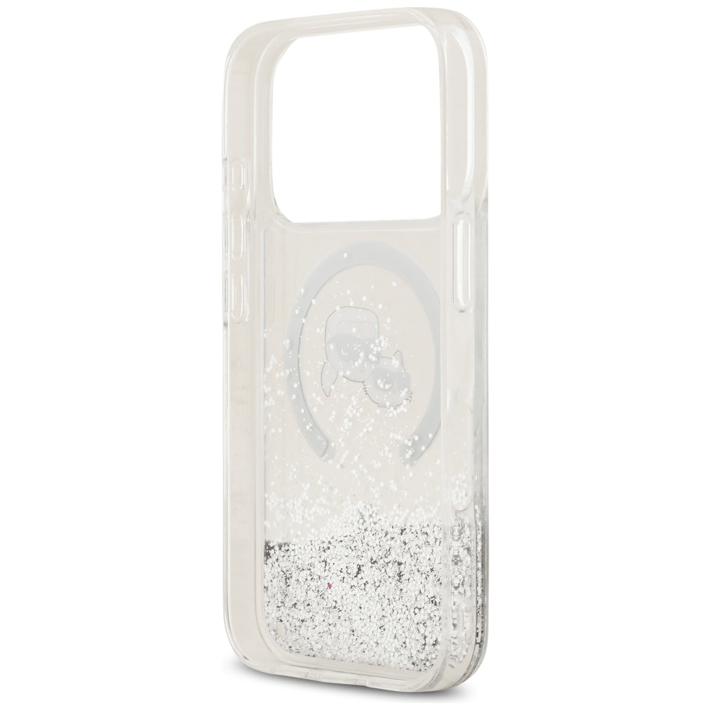 Coque MagSafe pour Apple iPhone 18 Pro Max / 17 Pro Max, Karl Lagerfeld, Liquid Glitter Karl & Choupette Head's, Transparente