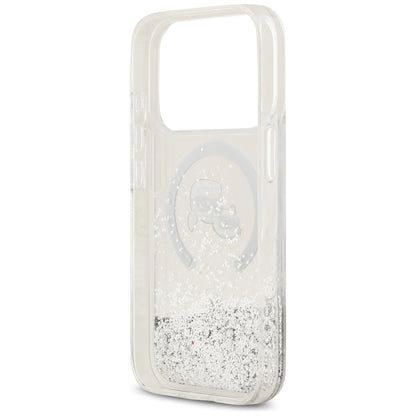 Coque MagSafe pour Apple iPhone 18 Pro Max / 17 Pro Max, Karl Lagerfeld, Liquid Glitter Karl & Choupette Head's, Transparente