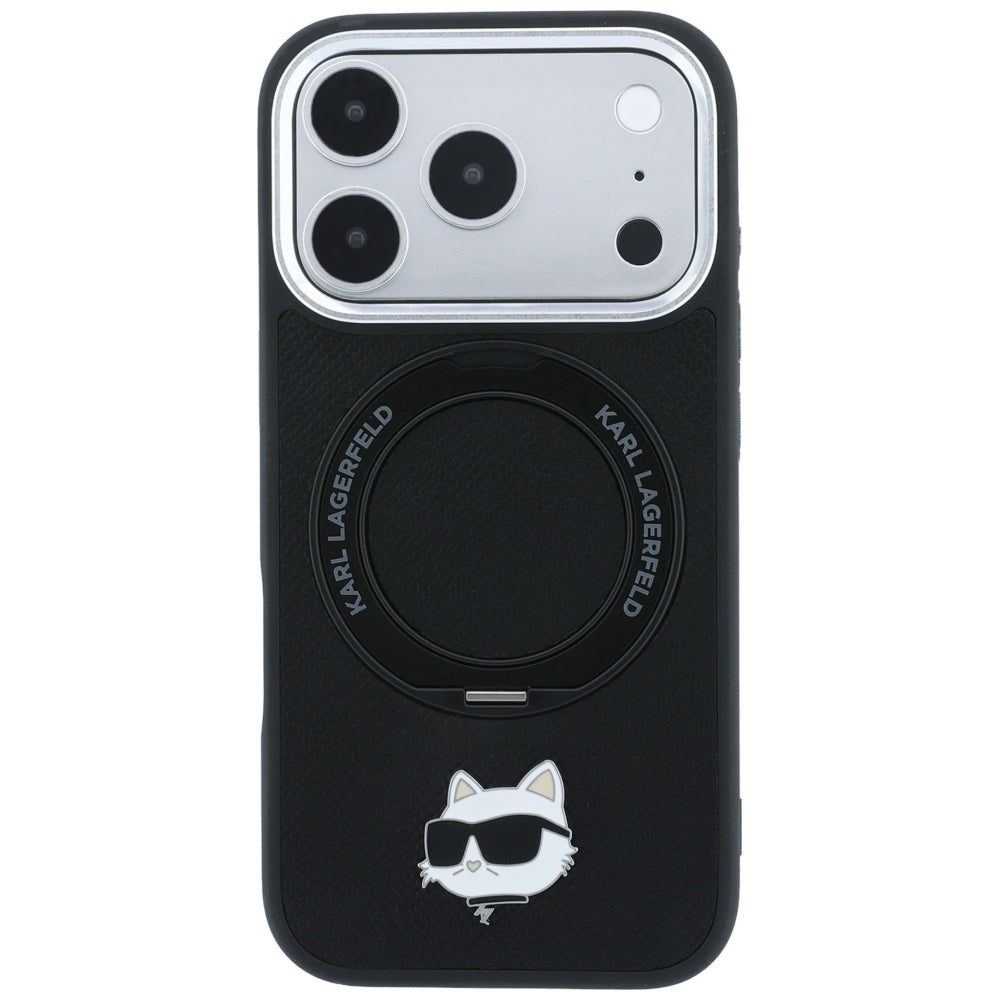 Coque MagSafe pour Apple iPhone 18 Pro Max / 17 Pro Max, Karl Lagerfeld, Ring Stand 360 Choupette Pin, noire