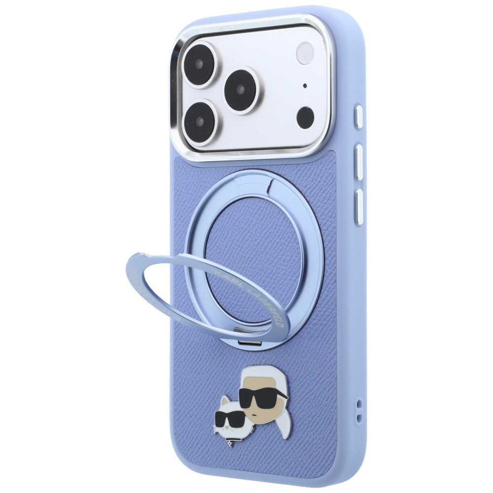 Coque MagSafe pour Apple iPhone 18 Pro Max / 17 Pro Max, Karl Lagerfeld, Support Anneau 360 Karl & Broche Choupette, Bleu