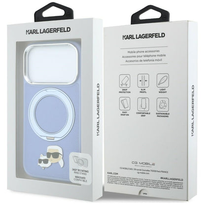 Coque MagSafe pour Apple iPhone 18 Pro Max / 17 Pro Max, Karl Lagerfeld, Support Anneau 360 Karl & Broche Choupette, Bleu