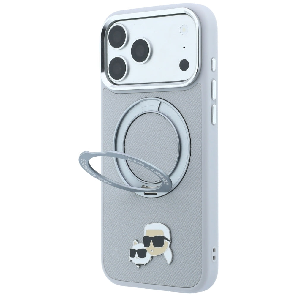 MagSafe-Hülle für Apple iPhone 18 Pro Max / 17 Pro Max, Karl Lagerfeld, Ring Stand 360 Karl & Choupette Pin, Grau