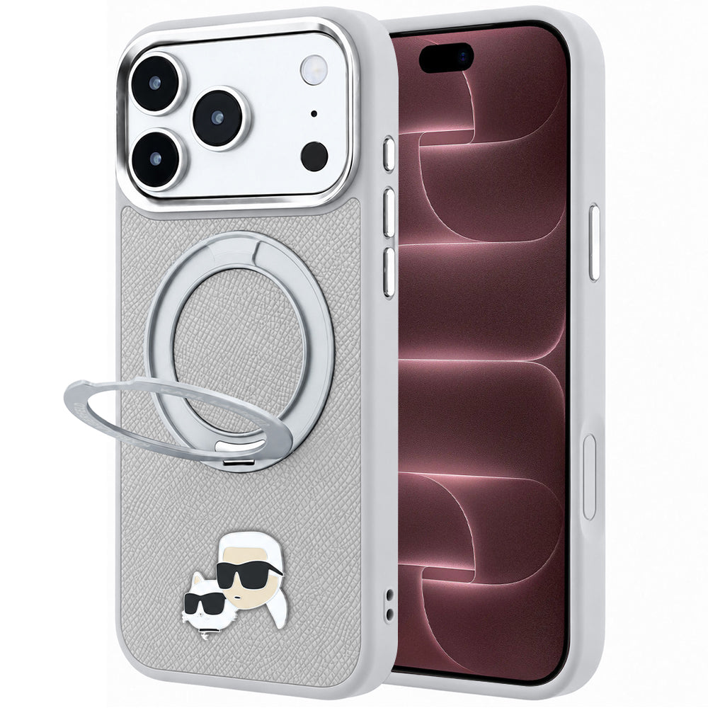MagSafe-Hülle für Apple iPhone 18 Pro Max / 17 Pro Max, Karl Lagerfeld, Ring Stand 360 Karl & Choupette Pin, Grau