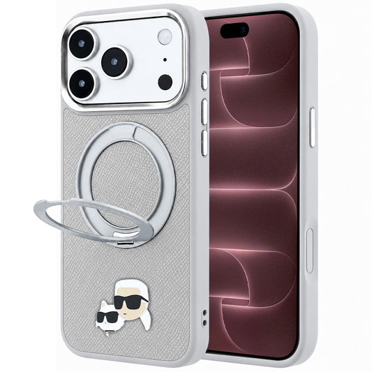 Coque MagSafe pour Apple iPhone 18 Pro Max / 17 Pro Max, Karl Lagerfeld, Ring Stand 360 Karl & Choupette Pin, grise
