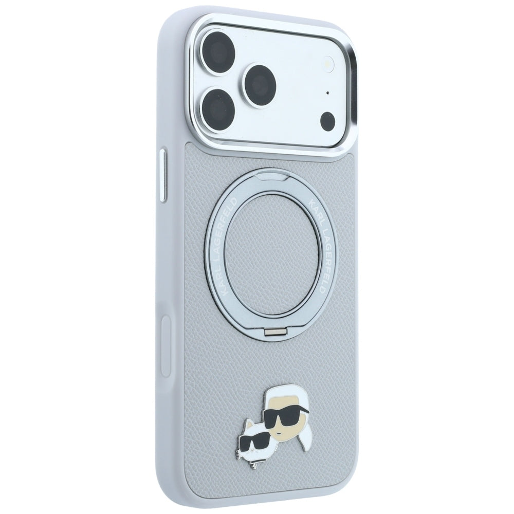 MagSafe-Hülle für Apple iPhone 18 Pro Max / 17 Pro Max, Karl Lagerfeld, Ring Stand 360 Karl & Choupette Pin, Grau