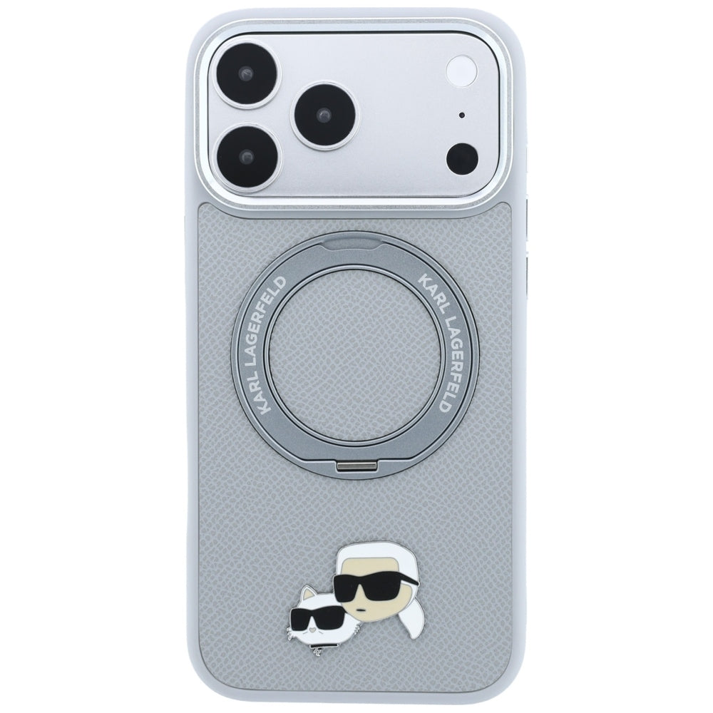 MagSafe-Hülle für Apple iPhone 18 Pro Max / 17 Pro Max, Karl Lagerfeld, Ring Stand 360 Karl & Choupette Pin, Grau