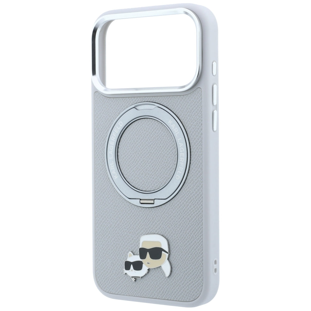 MagSafe-Hülle für Apple iPhone 18 Pro Max / 17 Pro Max, Karl Lagerfeld, Ring Stand 360 Karl & Choupette Pin, Grau