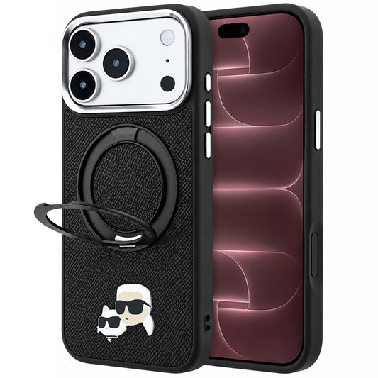 MagSafe-hoes voor Apple iPhone 18 Pro Max / 17 Pro Max, Karl Lagerfeld, Ring Stand 360 Karl & Choupette Pin, Zwart