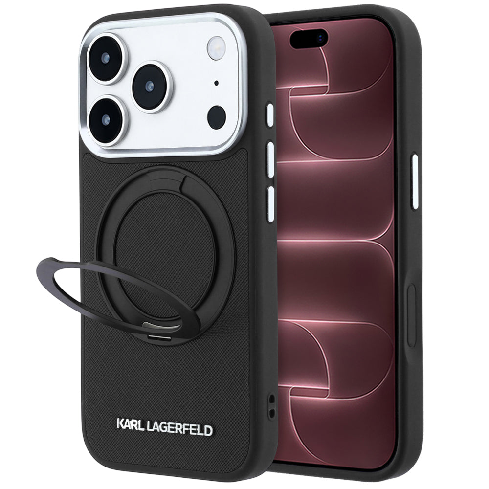 Coque MagSafe pour Apple iPhone 18 Pro Max / 17 Pro Max, Karl Lagerfeld, Ring Stand 360 Saffiano, Noire