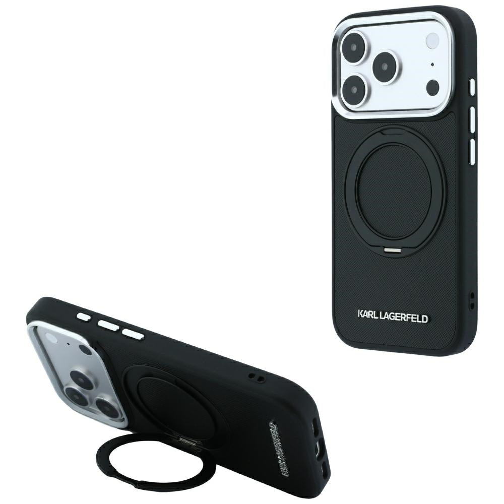Coque MagSafe pour Apple iPhone 18 Pro Max / 17 Pro Max, Karl Lagerfeld, Ring Stand 360 Saffiano, Noire