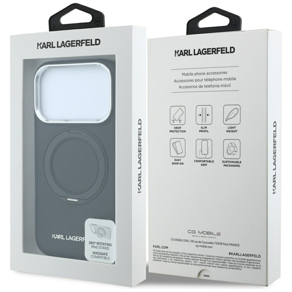 Coque MagSafe pour Apple iPhone 18 Pro Max / 17 Pro Max, Karl Lagerfeld, Ring Stand 360 Saffiano, Noire