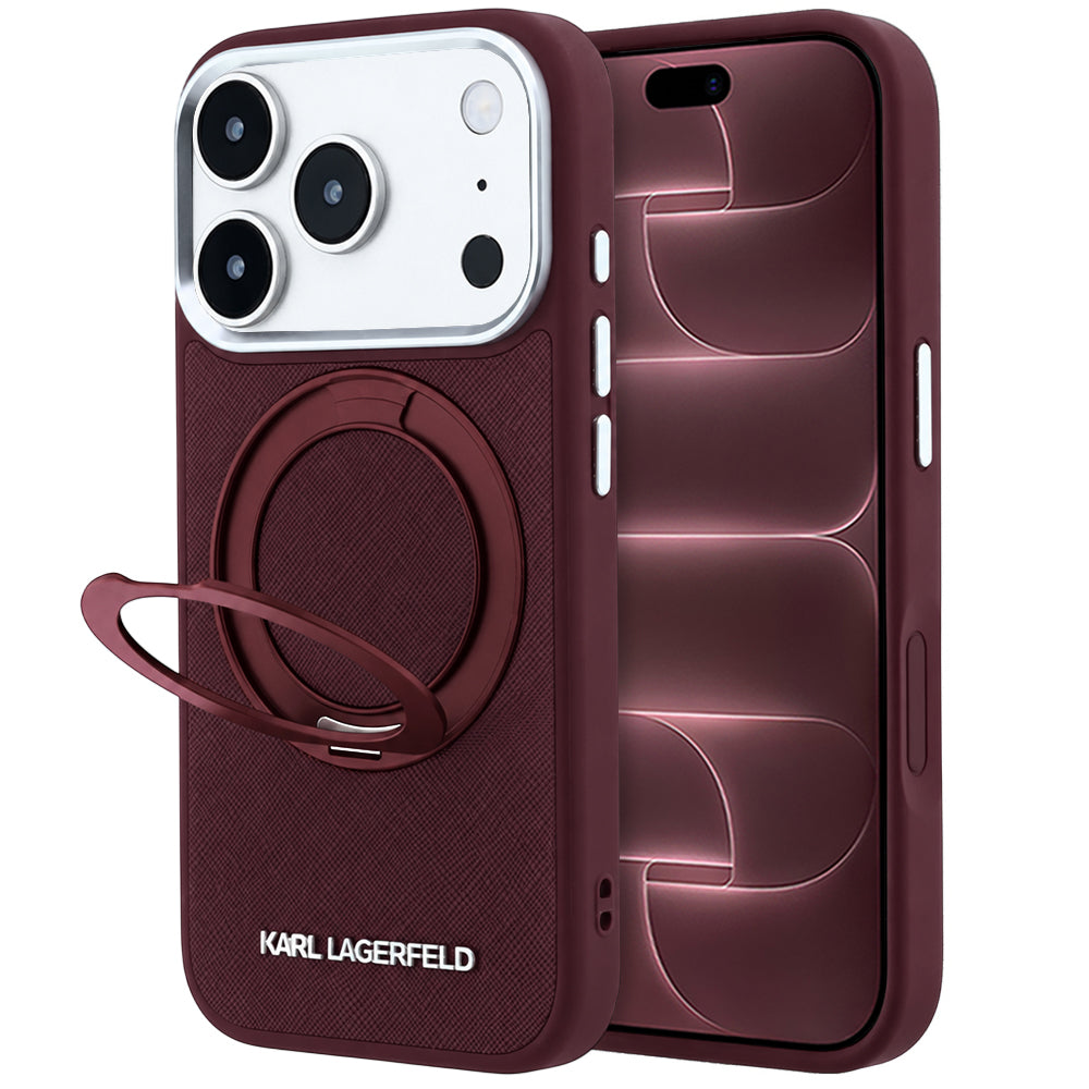 Coque MagSafe pour Apple iPhone 18 Pro Max / 17 Pro Max, Karl Lagerfeld, Ring Stand 360 Saffiano, Bordeaux