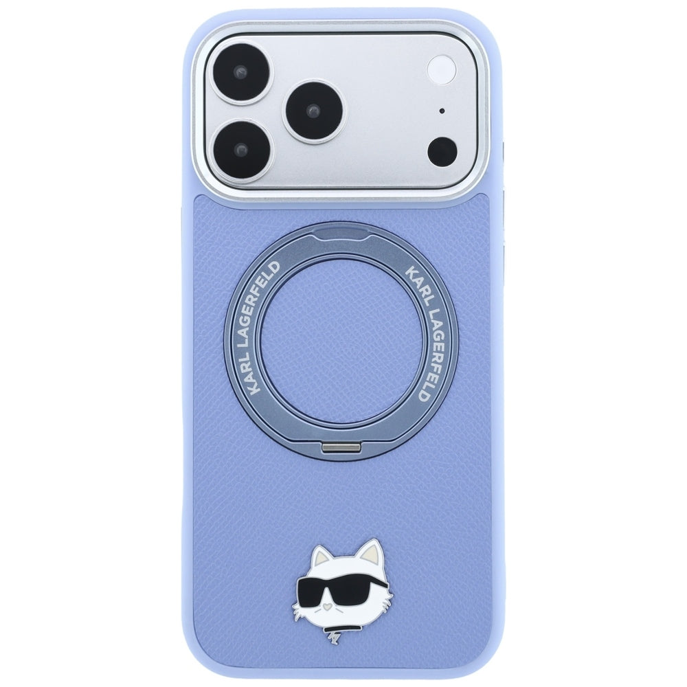 Coque MagSafe pour Apple iPhone 18 Pro Max / 17 Pro Max, Karl Lagerfeld, Support Anneau Saffiano 360 Choupette Pin, Bleu