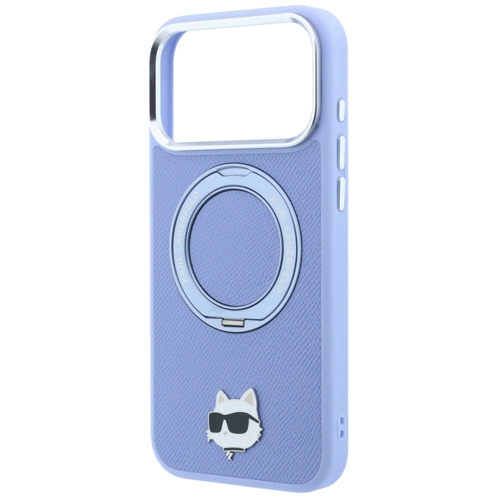 Coque MagSafe pour Apple iPhone 18 Pro Max / 17 Pro Max, Karl Lagerfeld, Support Anneau Saffiano 360 Choupette Pin, Bleu