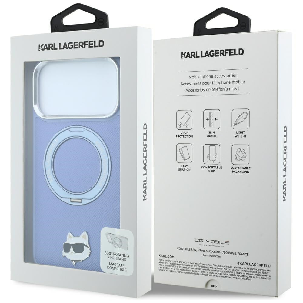 Coque MagSafe pour Apple iPhone 18 Pro Max / 17 Pro Max, Karl Lagerfeld, Support Anneau Saffiano 360 Choupette Pin, Bleu