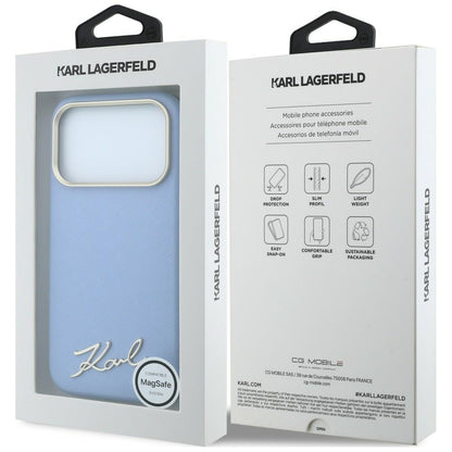 MagSafe Case for Apple iPhone 18 Pro Max / 17 Pro Max, Karl Lagerfeld, Saffiano Small Script Metal Logo, Blue