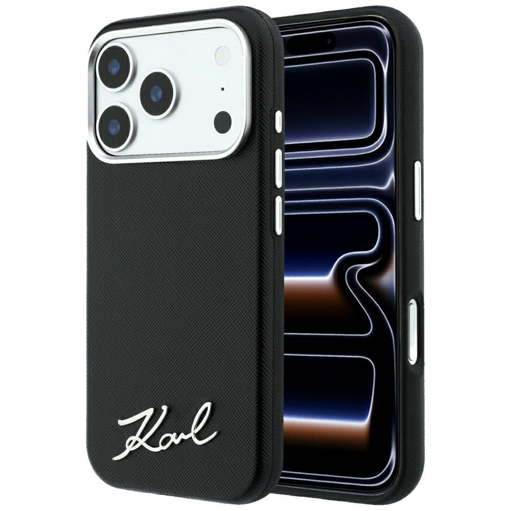 MagSafe-Hülle für Apple iPhone 18 Pro Max / 17 Pro Max, Karl Lagerfeld, Saffiano Small Script Metall-Logo, Schwarz