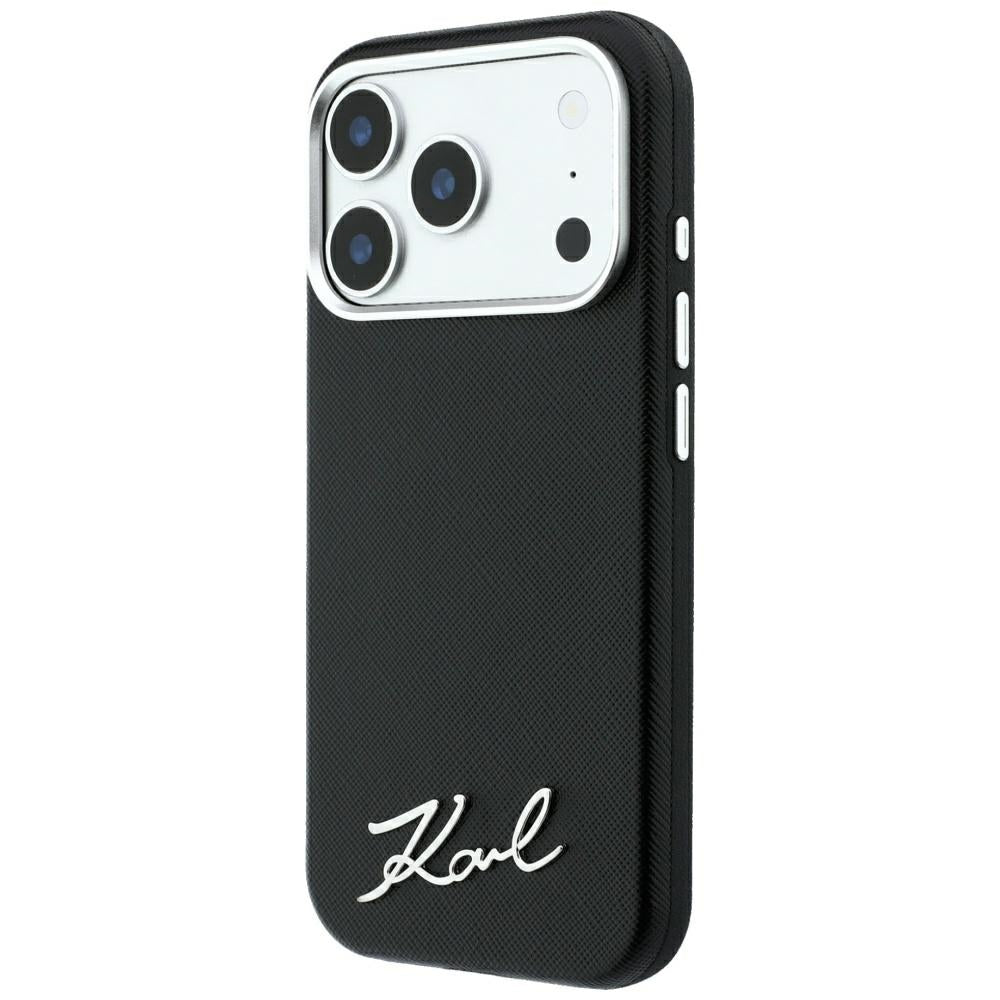 MagSafe-Hülle für Apple iPhone 18 Pro Max / 17 Pro Max, Karl Lagerfeld, Saffiano Small Script Metall-Logo, Schwarz