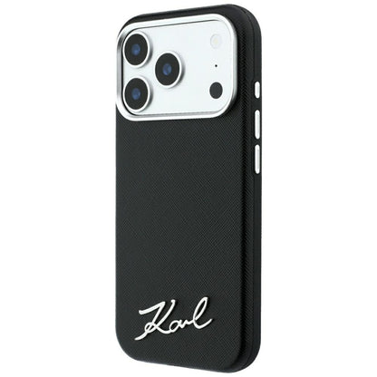 MagSafe-Hülle für Apple iPhone 18 Pro Max / 17 Pro Max, Karl Lagerfeld, Saffiano Small Script Metall-Logo, Schwarz