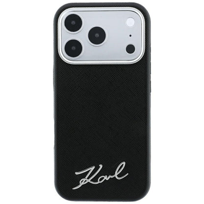 MagSafe-Hülle für Apple iPhone 18 Pro Max / 17 Pro Max, Karl Lagerfeld, Saffiano Small Script Metall-Logo, Schwarz