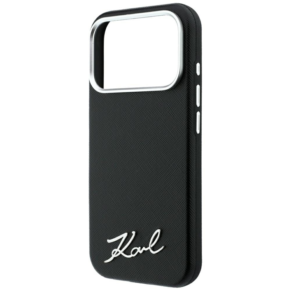MagSafe-Hülle für Apple iPhone 18 Pro Max / 17 Pro Max, Karl Lagerfeld, Saffiano Small Script Metall-Logo, Schwarz