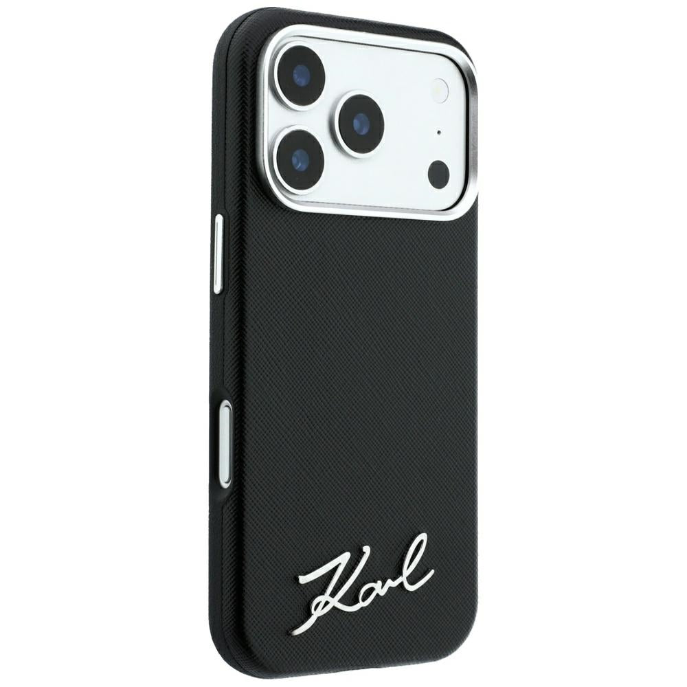 MagSafe-Hülle für Apple iPhone 18 Pro Max / 17 Pro Max, Karl Lagerfeld, Saffiano Small Script Metall-Logo, Schwarz