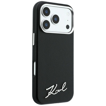 MagSafe-Hülle für Apple iPhone 18 Pro Max / 17 Pro Max, Karl Lagerfeld, Saffiano Small Script Metall-Logo, Schwarz