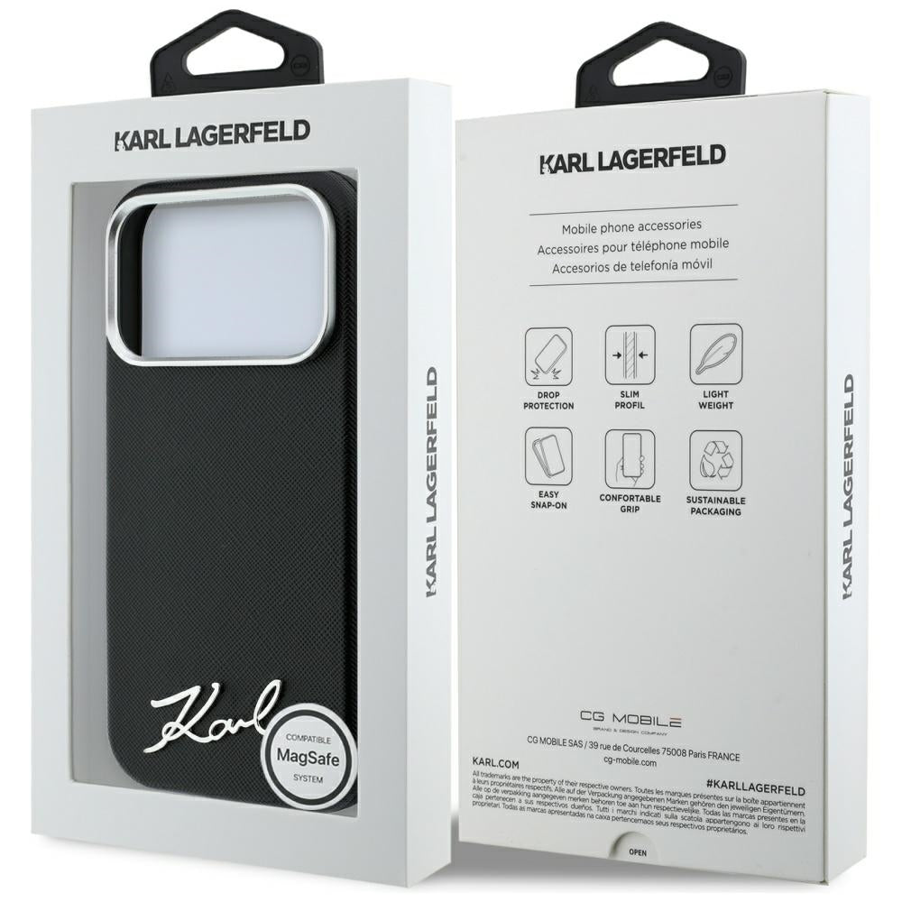 MagSafe-Hülle für Apple iPhone 18 Pro Max / 17 Pro Max, Karl Lagerfeld, Saffiano Small Script Metall-Logo, Schwarz