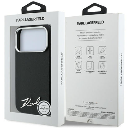 MagSafe-Hülle für Apple iPhone 18 Pro Max / 17 Pro Max, Karl Lagerfeld, Saffiano Small Script Metall-Logo, Schwarz