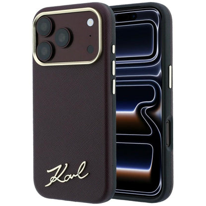 MagSafe-Hülle für Apple iPhone 18 Pro Max / 17 Pro Max, Karl Lagerfeld, Saffiano Small Script Metall-Logo, Weinrot