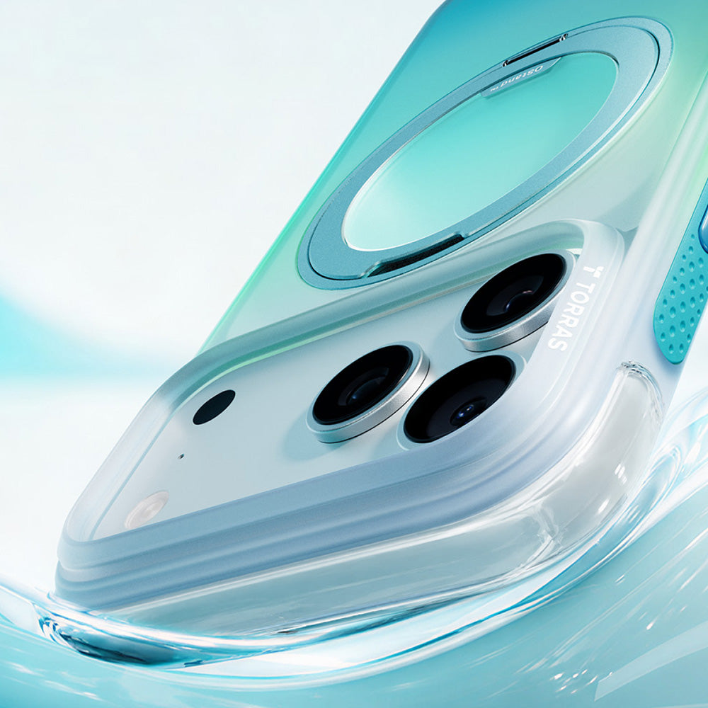 Coque MagSafe pour Apple iPhone 18 Pro Max / 17 Pro Max, Torras, Ostand O3 Air Gradient, Vert Bleu