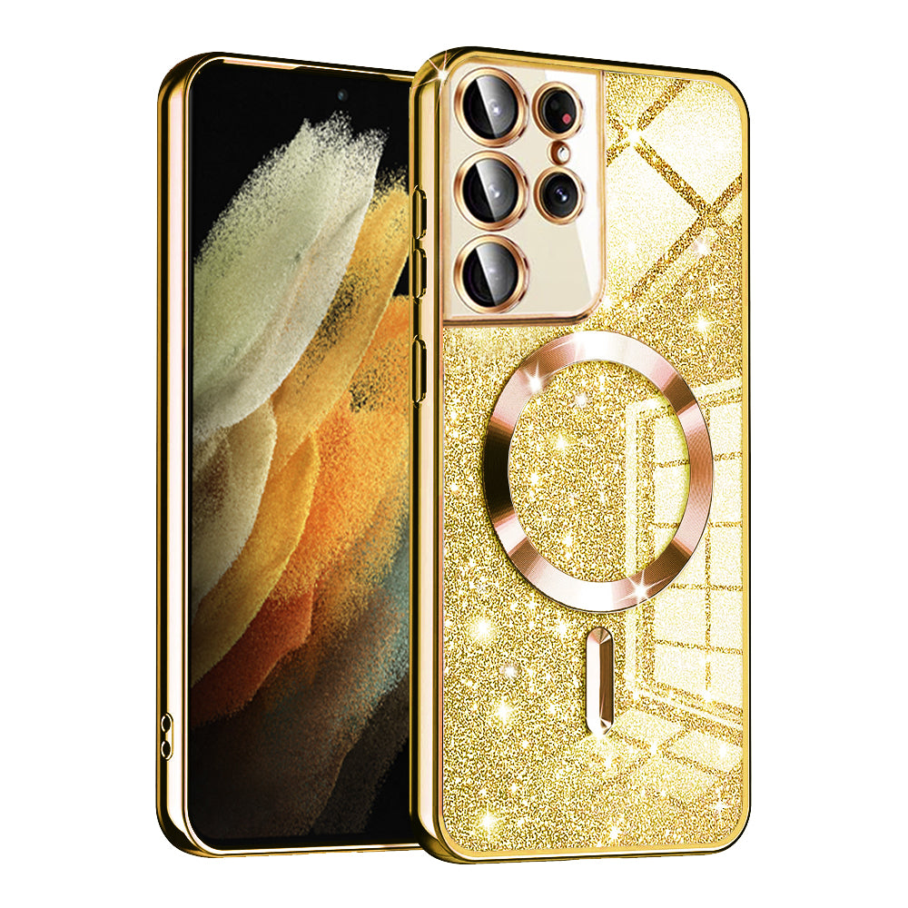 Coque MagSafe pour Samsung Galaxy S21 Ultra 5G G998, Techsuit, Luxury Glitter, Dorée