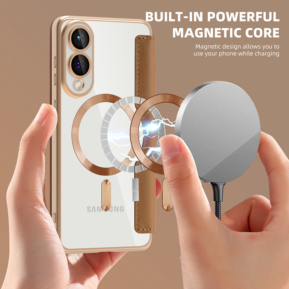 Coque MagSafe pour Samsung Galaxy S25 Edge S937, Techsuit, SmartMag Book, Marron