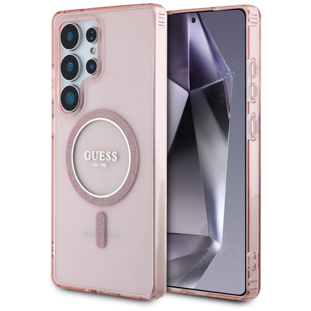 Étui MagSafe pour Samsung Galaxy S25 Ultra S938, Guess, IML Glitter Circle, Rose
