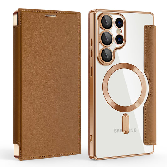 Coque MagSafe pour Samsung Galaxy S25 Ultra S938, Techsuit, SmartMag Book, Marron