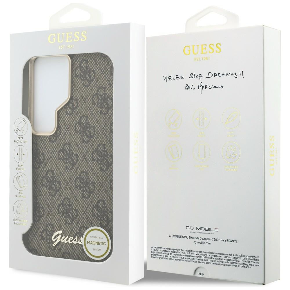 Coque MagSafe pour Samsung Galaxy S26 S942, Guess, Logo Script 4G, Marron