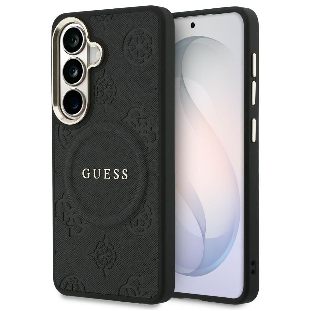 Étui MagSafe pour Samsung Galaxy S26 S942, Guess, Saffiano Peony Embossed Ring, Noir
