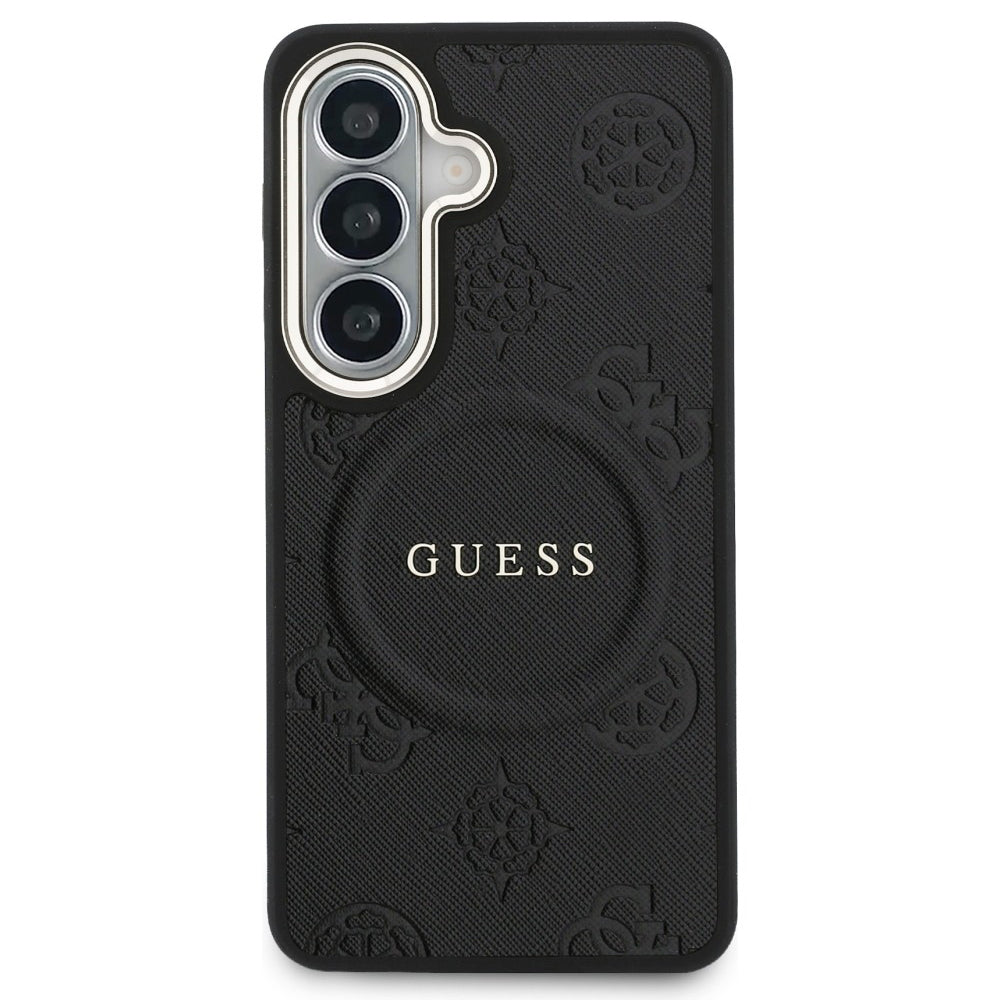 Étui MagSafe pour Samsung Galaxy S26 S942, Guess, Saffiano Peony Embossed Ring, Noir