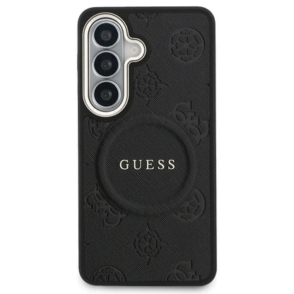 Étui MagSafe pour Samsung Galaxy S26 S942, Guess, Saffiano Peony Embossed Ring, Noir