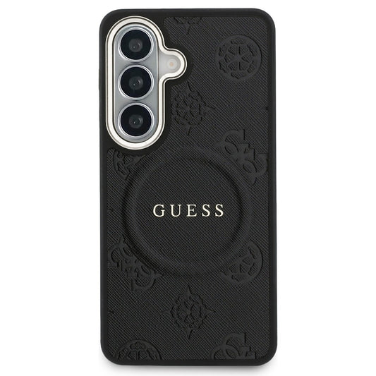 MagSafe hoesje voor Samsung Galaxy S26 S942, Guess, Saffiano Peony Embossed Ring, Zwart