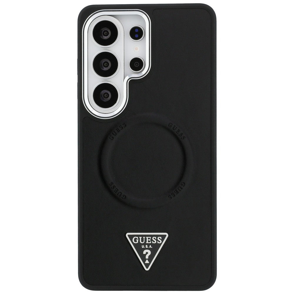 Coque MagSafe pour Samsung Galaxy S26 Ultra S948, Guess, Logo Triangle Anneau en Relief, Noire